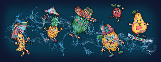 Cartoon cute fruits in water, banner, poster, lemon, banana, kiwi, cherry, grape