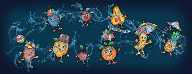 Cartoon cute fruits in water, banner, poster watermelon, lemon, banana, cherry, grapes