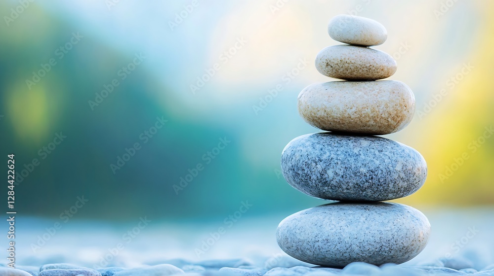 Fototapete Carefully Stacked Pebbles Creating a Tranquil and Balanced Scene on a Serene Background : Generative AI