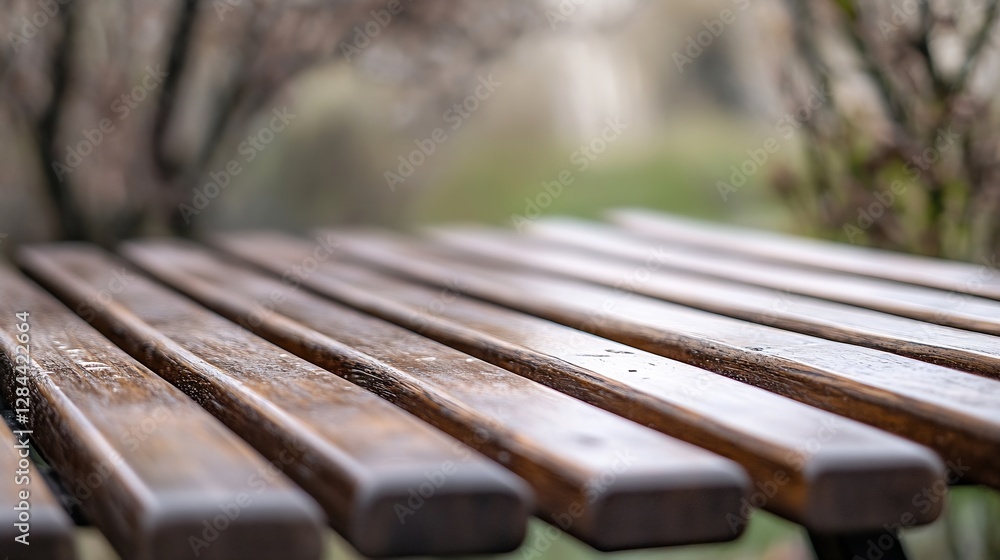 Poster Close Up View of Weathered Wooden Planks on a Picnic Table Surrounded by Nature in Soft Focus : Generative AI