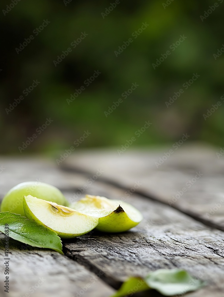 Aufkleber Freshly sliced green apple resting on an old wooden table in a vibrant natural setting : Generative AI