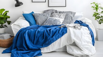 Cozy Living Room Setting with Blue Textiles and Natural Greenery in a Modern Interior Space
