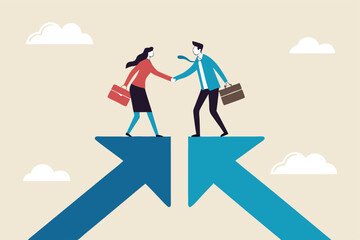 Cooperation partnership, work together for success, team collaboration, agreement or negotiation, collaborate concept, businessmen handshake on growth arrow joining connection agree to work