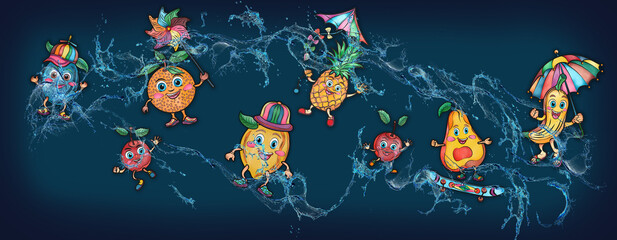 Cartoon cute fruits in water, banner, poster, lemon, kiwi, cherry, banana, grapes