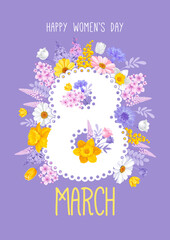 Happy International Women's day 8 March. Banner or greeting card template with number eight with lace edge and a lot of colorful spring garden flowers and wildflowers. Cartoon Vector illustration