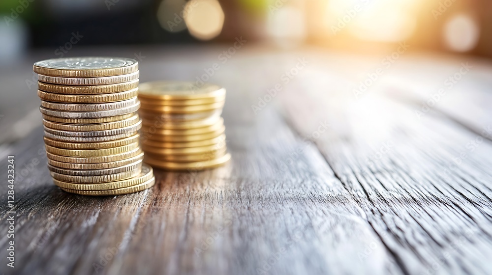 Fototapete close up of stacked coins on a wooden table with warm sunlight in the background creating a financia