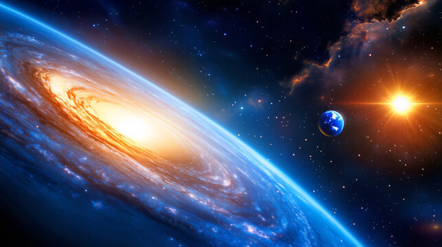 Cosmic view of a spiral galaxy with Earth and sun glowing in the vast universe