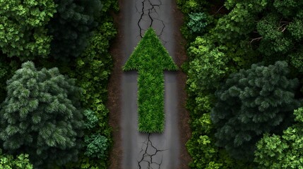 Eco-friendly Pathway Surrounded by Lush Green Trees Leading Upward with Leafy Arrow Symbol