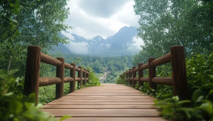 Fototapeta premium Serene Mountain Vista: A Wooden Path to Tranquility