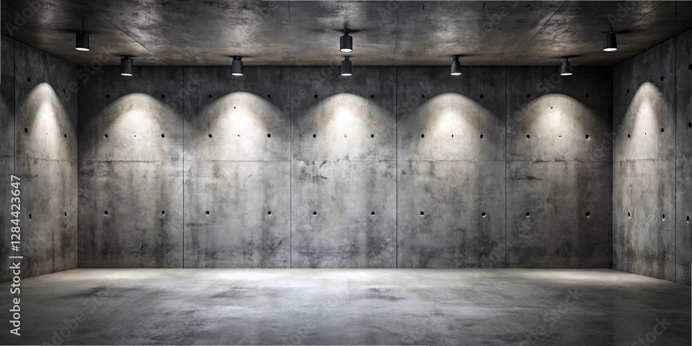 Poster a spacious, empty room features smooth concrete walls with evenly spaced spotlighting. the design em