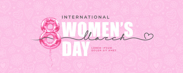 Happy International Women's day 8 March. Greeting banner or card with 3d realistic pink balloon in shape of number eight, calligraphy text handwritten by continuous line. Vector illustration