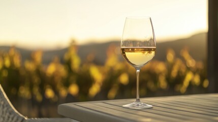 Moderate drinking with a glass of white wine at a vineyard terrace. Featuring peace and balance