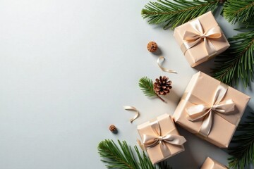 Elegant Festive Presents with Pine Branches and Cones on a Neutral Background