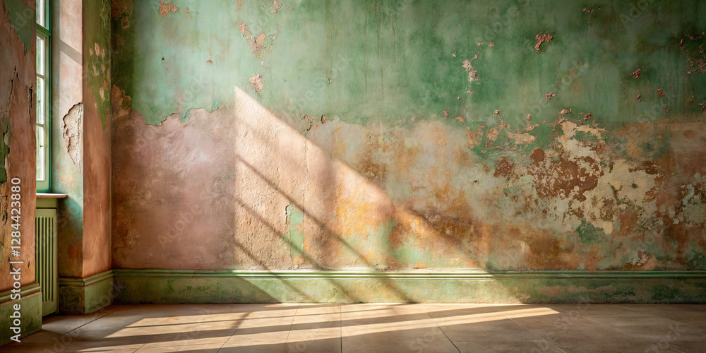 Poster sunlight filters through a dusty window, casting shadows on a crumbling wall in an empty, aged room.