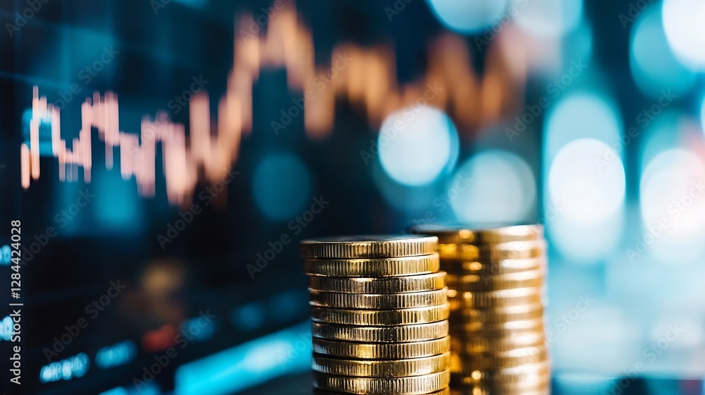 Aufkleber closeup of neatly stacked gold coins on a digital trading background representing financial investme