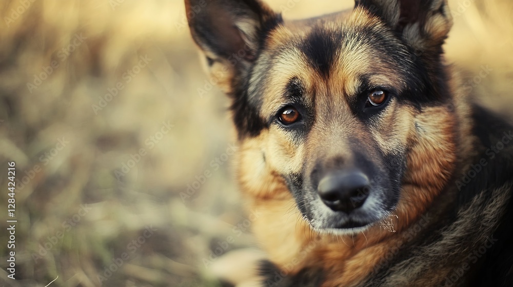 Aufkleber Closeup of a Beautiful German Shepherd Dog Looking Intensely with a Soft Background : Generative AI
