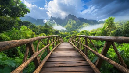 Fototapeta premium Wooden Bridge Over Lush Tropical Landscape, Majestic Mountains, Serenity in Nature