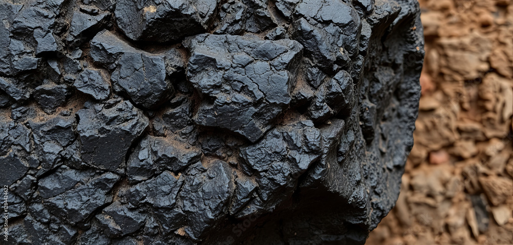 Poster the close-up captures a dark, textured rock displaying intricate natural patterns. the setting empha