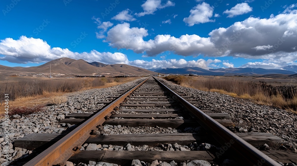 Poster Expansive view of railway tracks stretching into the distance under a blue sky with fluffy clouds : Generative AI