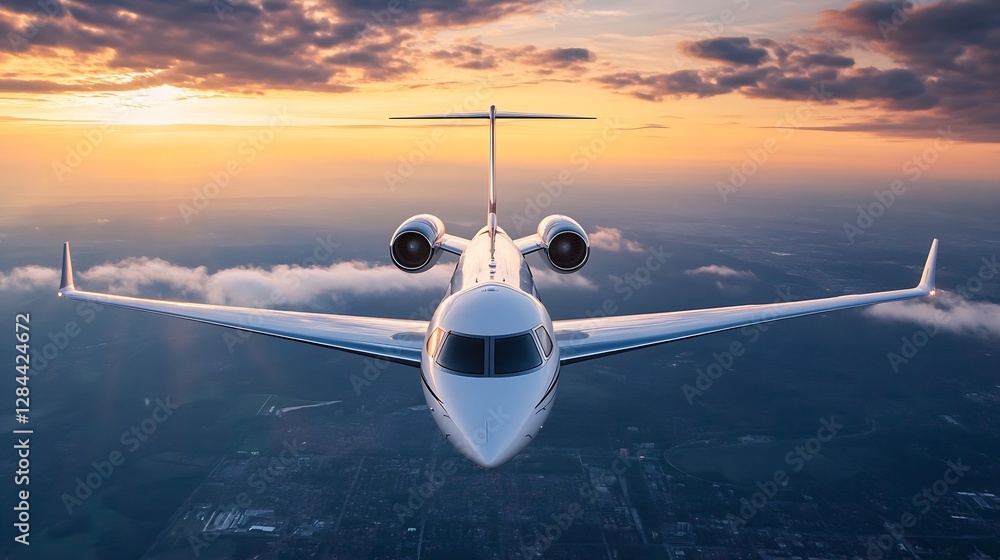 Poster elegant private jet flying through dramatic sunset skies with clouds creating a picturesque backdrop