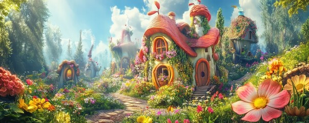 Fototapeta premium Whimsical fairy tale village with vibrant flowers and enchanted cottages