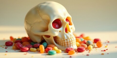 A human skull model rests amidst a vibrant assortment of colorful candies, creating a striking juxtaposition of life and sweetness.