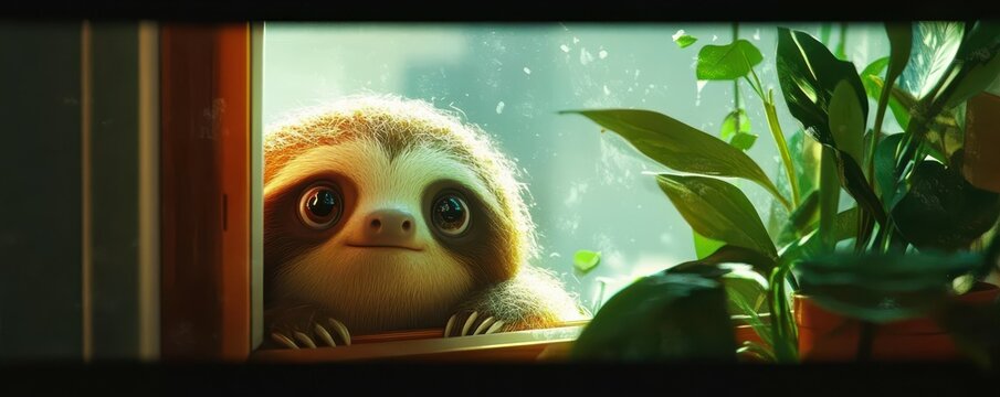 Adorable cartoon sloth peering through window with leaves and plants