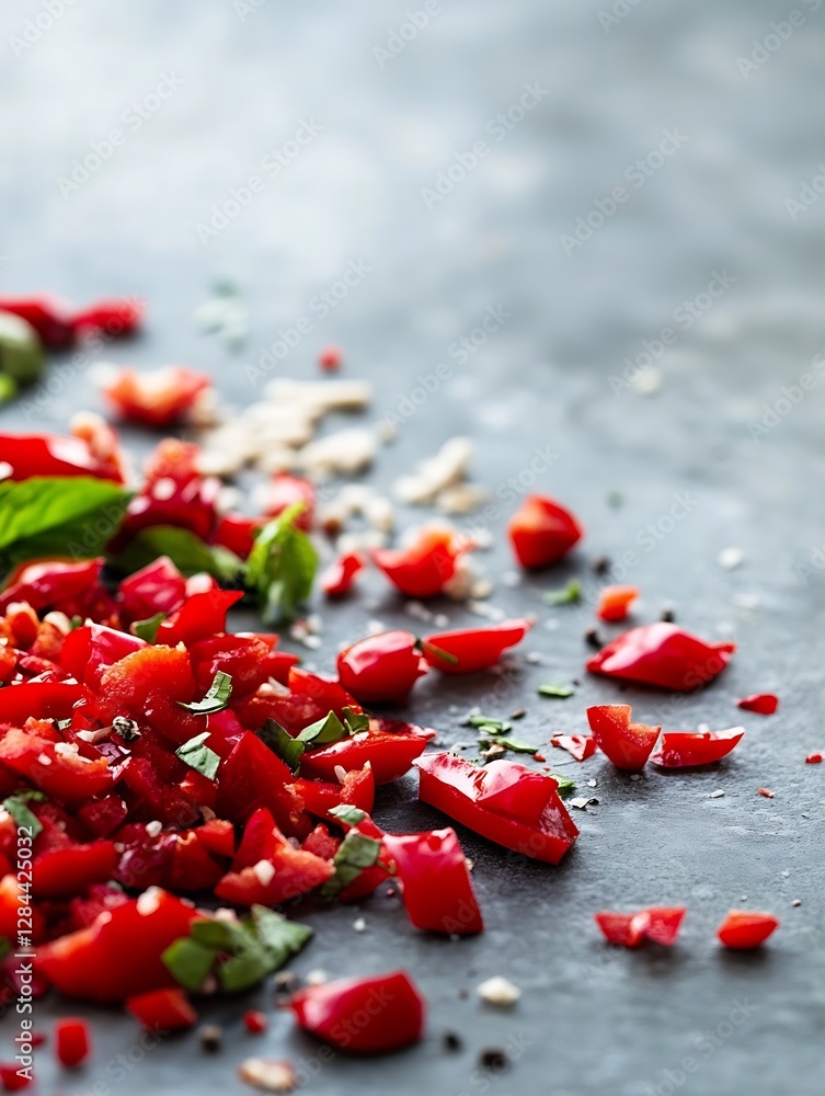 Aufkleber colorful chopped tomatoes scattered on a dark stone surface ready for a fresh culinary creation : ge