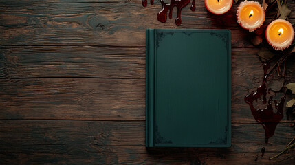 dark book on wooden table with candles and blood