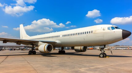 Commercial Airplane Parked on Tarmac Under Clear Blue Sky with Fluffy White Clouds