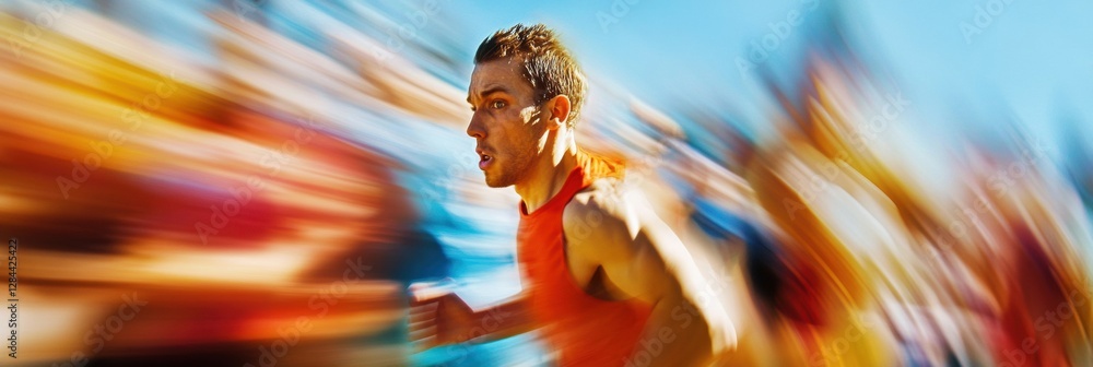 Aufkleber Runner transforms from tired competitor at start line to strong victor in exhilarating motion blur after challenging race. Generative AI