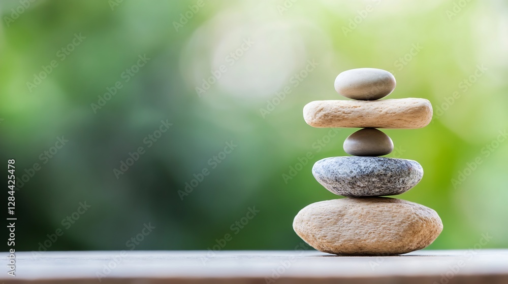 Poster Zen stone stack symbolizing balance and tranquility on a blurred natural background : Generative AI