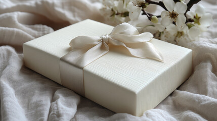 Elegant cream gift box on soft fabric with spring blossoms. Use Gift, celebration, present