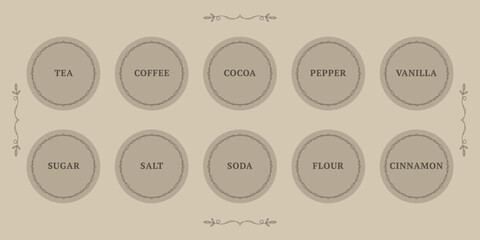 set of round coffee-colored stickers with a vintage frame for storing spices. kitchen stickers for cans in the pantry. tea, coffee, flour