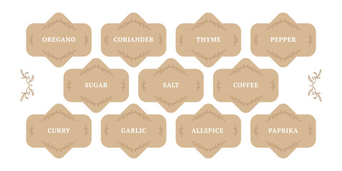 decorative beige stickers for spice jars. organization of spice storage in the kitchen.  salt, sugar, curry, oregano, paprika, thyme