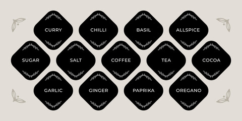 minimalistic rich spice stickers in black color. kitchen sticker pack for organizing storage. curry, chili, basil, tea, coffee
