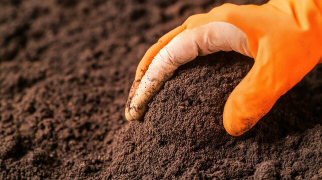 Examination concept. Hand in glove touching rich soil texture.