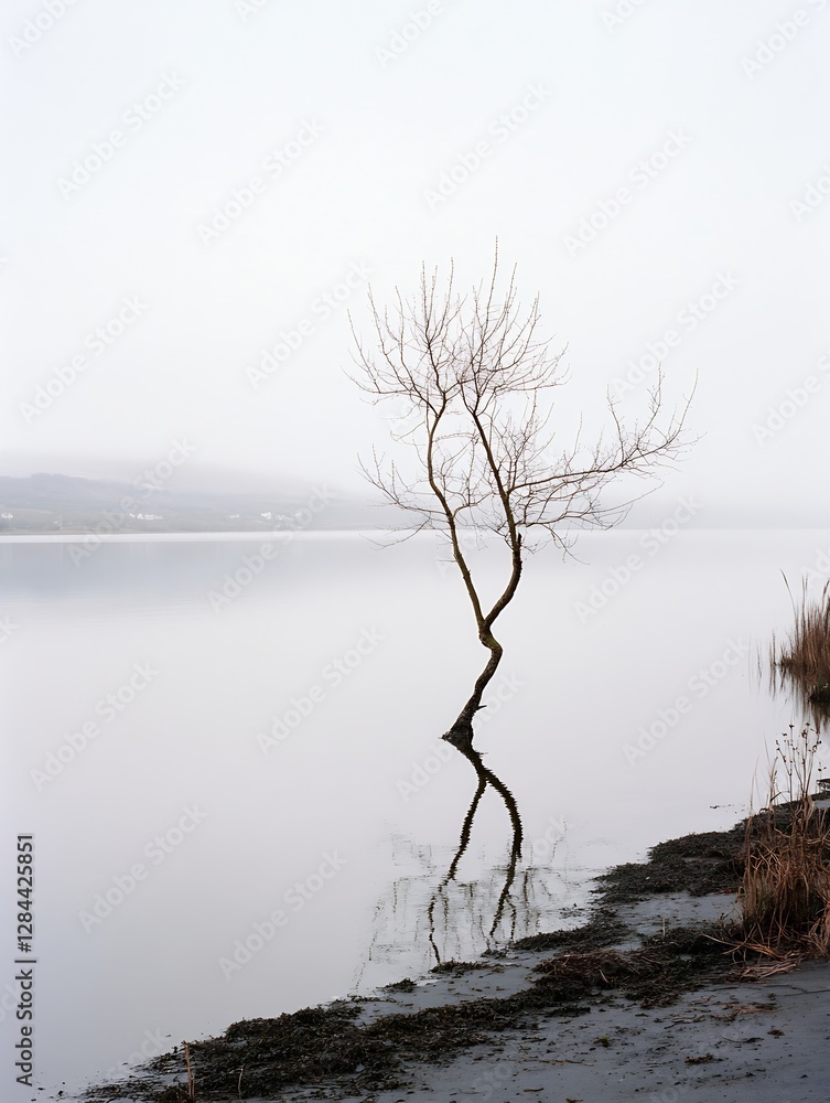 Poster Lonely tree standing at the edge of a calm lake with a serene and misty background : Generative AI