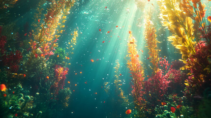 Fototapeta premium Underwater scene with vibrant colorful aquatic plants and bubbles, illuminated by sunlight streaming through the water, symbolizing the beauty and serenity of ocean life