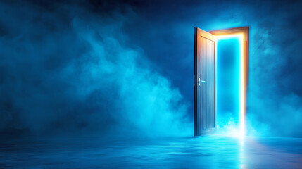 Mysterious door illuminated by blue light in a foggy atmosphere suggests an intriguing adventure awaits beyond