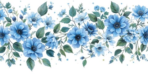 Fototapeta premium Blue Flowers Border Arrangement with Green Leaves on White Background