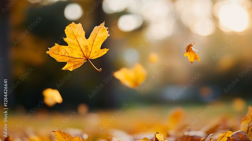 Aufkleber beautiful golden autumn leaves floating gently in soft sunlight creating a serene forest atmosphere 