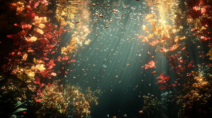 Underwater scene with colorful aquatic plants in warm hues, illuminated by sunlight filtering through the water, symbolizing the vibrancy and tranquility of ocean ecosystems