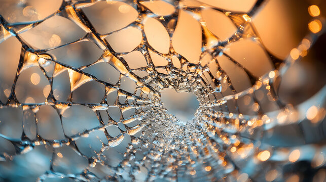 Close-up of shattered glass with intricate web-like patterns and warm light reflections