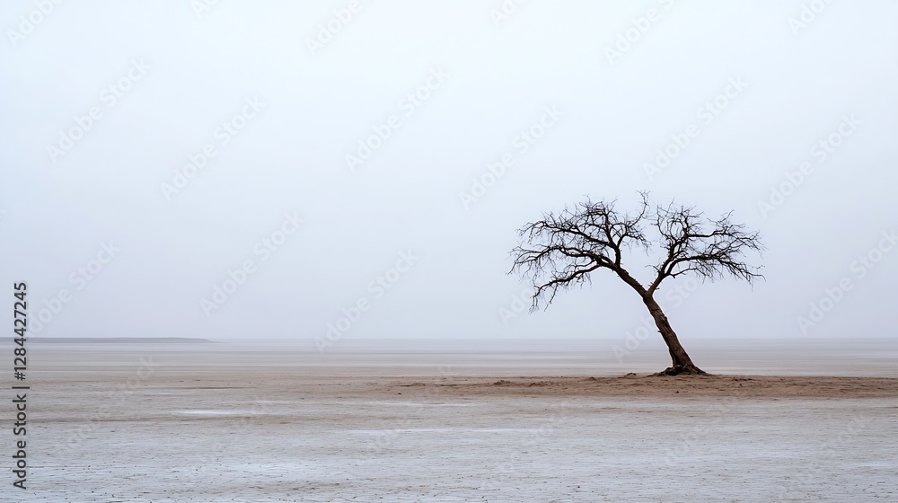Poster lonely tree standing alone in a vast barren landscape under a cloudy sky : generative ai