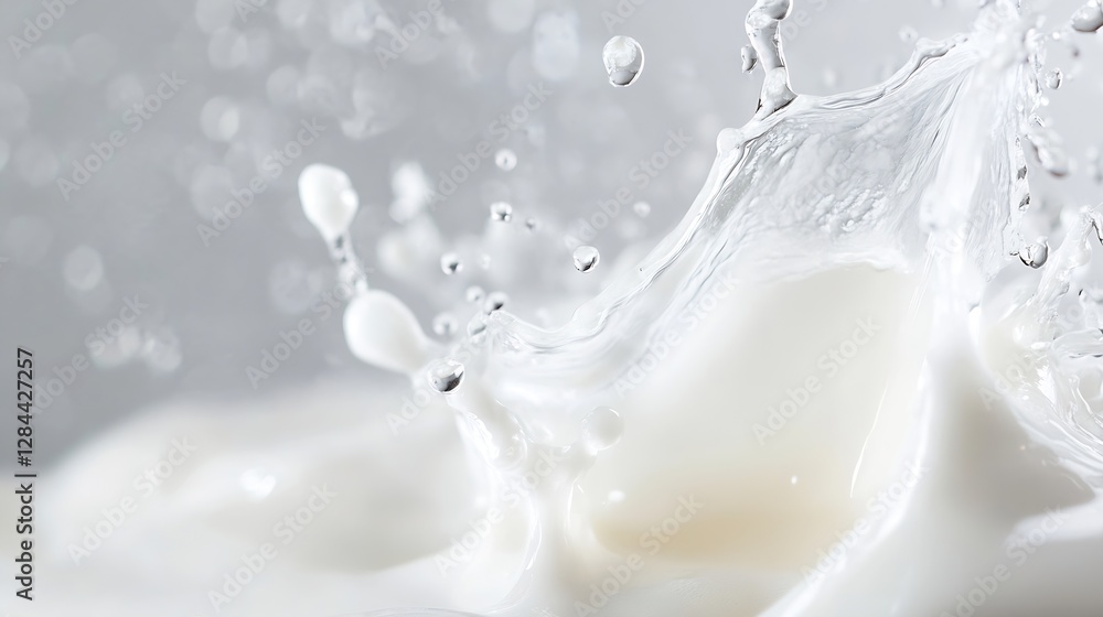 Poster dynamic splash of milk with droplets in a bright studio setting highlighting texture and fluid motio