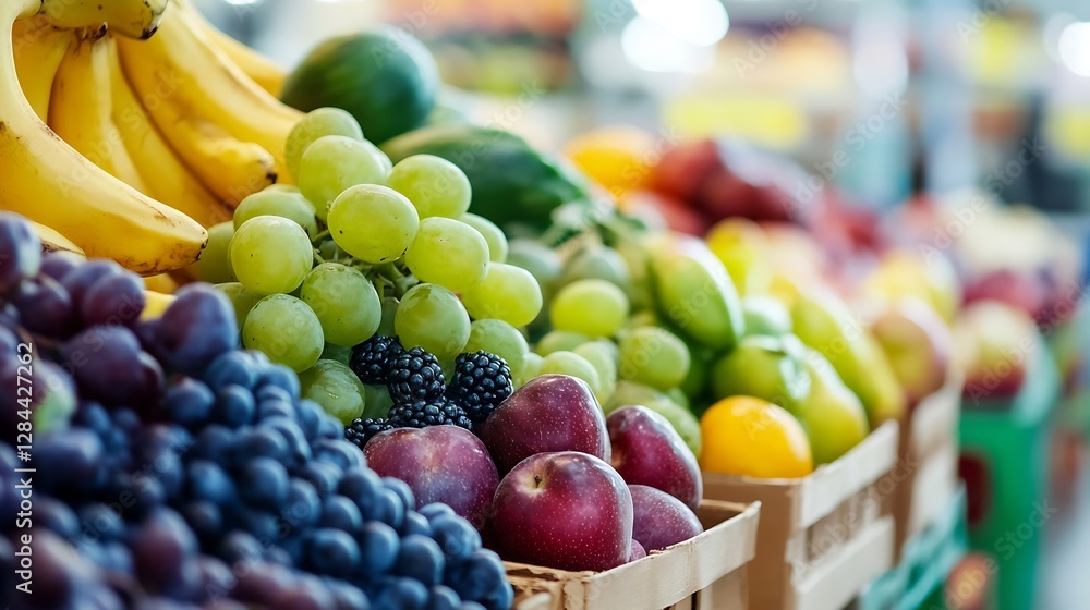 Aufkleber fresh assortment of colorful fruits at market display with bright lighting : generative ai