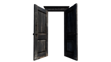 Open vintage wooden black door on white background