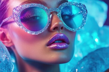 fashion shoot, neon blue and cyan theme for Valentine's Day of an eccentric supermodel with big iridescent lips 