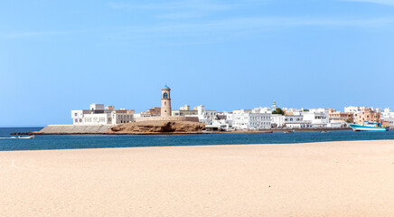Al-Ayjah lighthouse on cape in the city of Sur. Sultanate Oman
